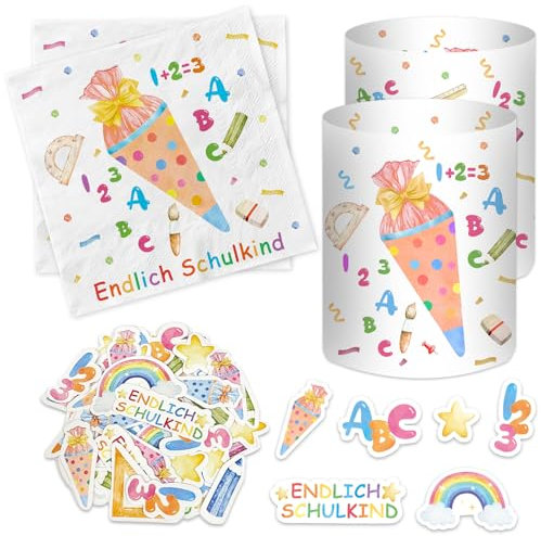 20 Stück Servietten Einschulung + 12 Windlicht + 50 Konfetti Streudeko Tischdeko, Endlich Schulkind 2025 Deko, Schulanfang Deko Junge Mädchen, Schuleinführung Geschenk, Einschulungsdeko mit Schultüte
