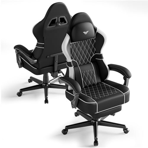 Ferghana Chaise Gaming Ergonomique,Fauteuil Game en Cuir Respirant,Gaming Chair avec Réglable Appui-tête,Coussin Lombaire Massage,Repose-Pied,Chaise de Bureau PC pour Bureau de Jeu(Noir et Blanc,PVC)