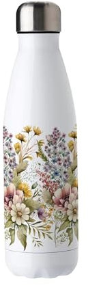 Purely Home Soft Flowers Bouquet Stainless Steel Water Bottle - Floral Nature Presents for Her - Double Walled 500ml Metal Hot/Cold Drinks Bottle Outdoor Gifts