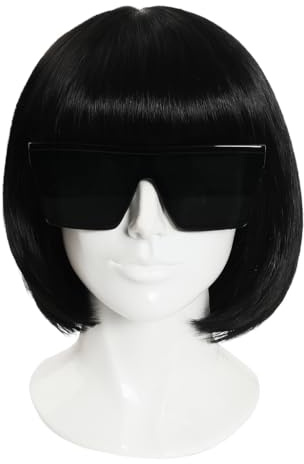 Lady G Kostüm - Schwarze Sonnenbrille mit kurzer schwarzer Bob-Perücke - Popstar Diva Kostüm Zubehör Set für Partys & Halloween