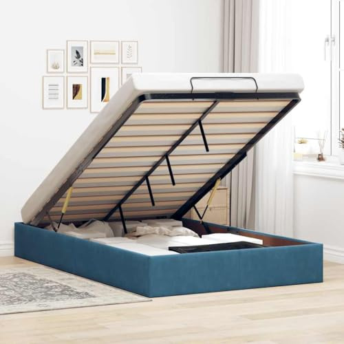 ACAGALA Polsterbett mit Bettkasten 120x200 cm, Einzelbett mit Stauraum, Bettgestell mit Lattenrost, Bettrahmen ohne Matratze, Boxspringbett für Schlafzimmer, Gästezimmer, Samt, Dunkelblau