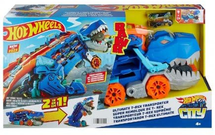 pour Hot Wheels - Transporteur geant t Rex 2 en 1 : Camion et Dino Piste de Course - Sons et lumieres - Set Jouet vehicules + 1 Carte Tigre