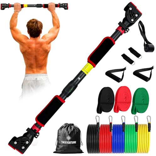 TRIXVENTURE Kit Gimnasio: Barra Dominadas para Puerta y Pared (72-110cm) - Instalación Sin Tornillos con Nivelador + 5 Bandas Musculación con agarres, Bandas Elásticas y Bolsa - Carga 200kg