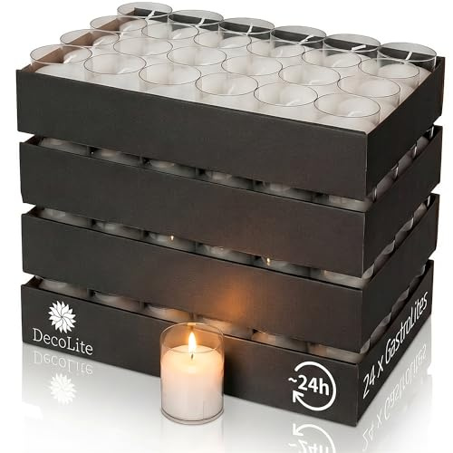 DecoLite GastroLites Refill-Teelichter 24h Brenndauer, Ø 50 mm, 96 Stück | Made in Germany, ohne Duft, ruhige Flamme, Nachfüllkerzen im Kunststoff-Cup für Gastronomie, Events & Hotellerie