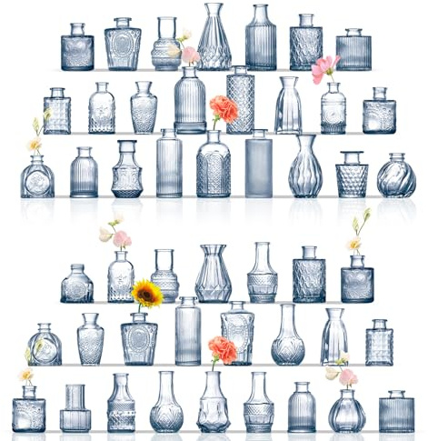 ROLLSCERAY Bud Vasen in Bulk 48, Glasvasen für Tischdeko, Kleine Glasvasen für Blumen, Minivasen Glas, Kleine Glasvasen Set, Kleine Vasen, Blau Knospenvasen für Hochzeitstischdekoration
