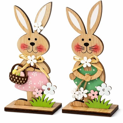 Deggelbam 2er Set Holz Osterhasen Aufsteller (19 cm) – lasergeschnittene Osterdeko & Frühlingsdeko im Naturlook – Tischdeko Ostern für Ostertisch, Fensterbank, Regal & Wohnzimmer