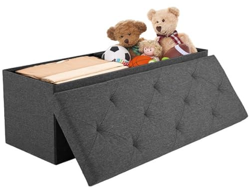 DUMOS Sitzbank mit Stauraum, Aufbewahrungsbox mit Deckel, 110 x 38 cm Truhenbank mit Stauraum, Sitzhocker mit Stauraum, bis 150 kg Belastbar, Fusshocker für Wohnzimmer Schlafzimmer Schlafsaal, Grau