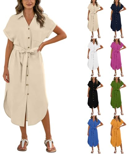 Generisch Sommerkleid Damen Midi Elegant,Leinen Baumwolle V-Ausschnitt Sommerkleider Damen Kurzarm Classics Shirtkleider Mit Bindegürtel Knopfleiste Seitenschlitz Leinenkleider Freizeitkleid
