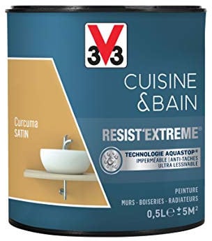 V33 Peinture multi-supports monocouche Cuisine & Bain Resist'Extrême® Satin, Curcuma, 0,5L