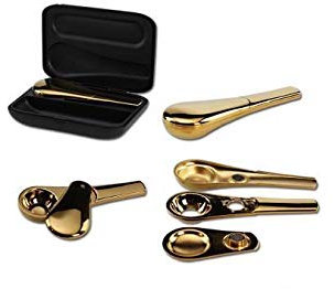 Black Leaf Handpfeife, Pur-Pfeife, Metall-Pfeife zerlegbar | 97 mm | Hardcase-Pfeifen-Etui | Metall, gold | von bong-discount