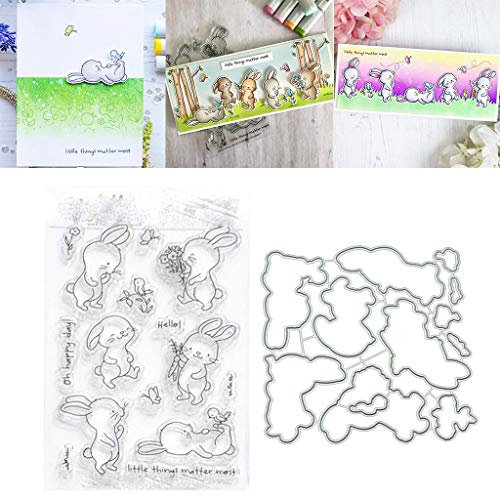 Lottoy Rabbits Party Silikon Stempel und Stanzschablonen Set für DIY Kartenherstellung Scrapbooking Album, Fotoalbum Dekoration(Cutting Dies&Clear Stamp Seal)
