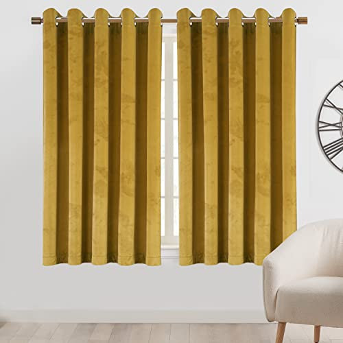 Imperial Rooms Crushed Velvet Curtains 66x54 Ochre Fully Lined Eyelet Curtains Pair Panels for Living Room + 2 Tie Backs (168cm x 137cm)
