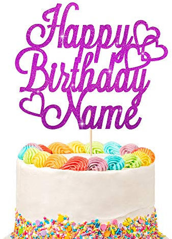 Personalised Happy Birthday Cake Topper | Customized Name Cake Decoration | Double Sided Glitter Card | Purple