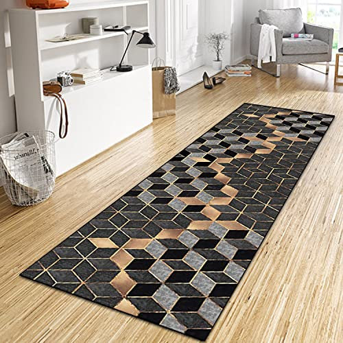 WTHYGB Teppich Läufer Flur Küche 90x500 cm, Modern rutschfest Waschbar Dauerhaft Küchenläufer Flurläufer, Lang Polyester Dunkelblau Gold Teppichläufer für Korridor, Schlafzimmer, Innen Wohnzimmer