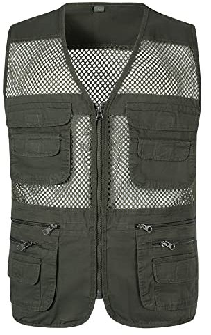 Yukirtiq Herren Sommerweste mit Vielen Taschen Anglerweste Netzweste Ärmellos Jacke Leichteweste Arbeitsweste Atmungsaktiv Jagd Wandern Safari Weste, Hellgrün, XXL