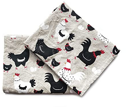 JOWOLLINA 2er-Set: Gourmet Geschirrtücher Küchentücher Handtücher Tücher 44x68 cm Halbleinen Stonewashed Bedruckt (Chicken)