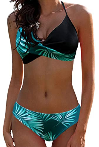 Bikini Elegante Traje de Baño Conjunto Bañador Halter Sexy Sólido para Mujer Ropa de Playa Traje de Baño Bikini Sets Talla Grande（Negro + Hojas Verdes,M