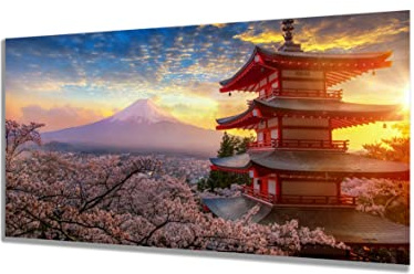 ALUWABI Wandbild Berg Fuji - Japan Panorama Bild - Sonnenuntergang mit Kirschblüten - Premium Alubild - 120 x 55 cm