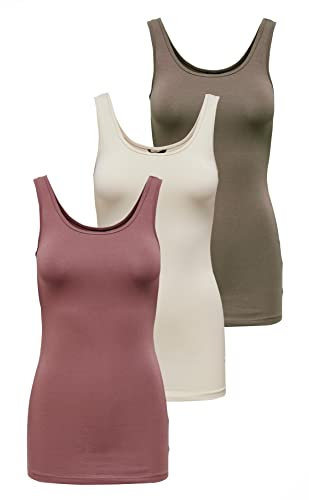 ONLY Damen Onllive Love Tank TOP 3-Pack, Walnut/Rose Brown/Birch, L