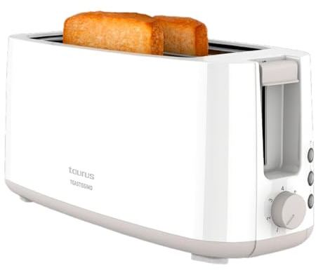 Taurus – Tostador Toastissimo | 1400W | 2 Ranuras Extra Largas| 7 Niveles | 3 Funciones (Descongelar, Recalentar, Cancelar) | Autocentrado | Recogemigas | Elevación Extra | Recoge cables | Blanco
