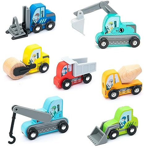 UMU® Holz Baufahrzeuge Spielset für Kinder kompatibel mit Brio World Eisenbahn Sets & Anderen Marken, Spielzeug enthält Bagger, Kran, Walze u. v. m, 8 STK Set für Kinder ab 3, 4, 5 Jahre