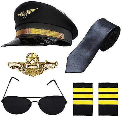 TUSAUW 6PCS Airline Pilot Captain Costume Kit Pilot Dress up Accessory Set with Aviator Sunglasses Pilot Wings Necklace Tie Halloween Dress Up Accessories Set