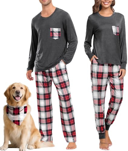 SWOMOG Weihnachten Schlafanzug Buffalo Plaid Pyjama Hose mit Taschen Langarm Oberteile Paare & Familie Pjs
