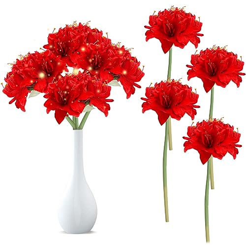 Jutom Künstliche Amaryllis-Blumen, rote Seide, Amaryllis-Blumen, 72 cm hohe Stiele, Seidenblüten, Blumenstrauß, Kunsthandwerk für den Innenbereich, Tischdekoration für Zuhause, Wohnzimmer, Hochzeit,