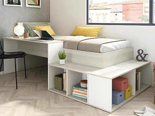Vente-unique-Kombi-Bett 90 x 200 cm mit Stauraum & Schreibtisch + Lattenrost - Holzfarben & Weiß - RIGALI
