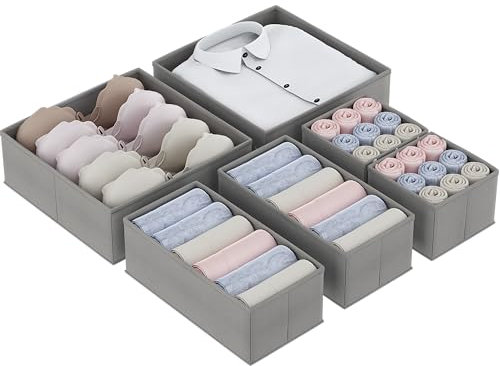Vantimo Aufbewahrungsboxen für Schubladen, 6er Unterwäsche-Organizer, Schubladen-Organizer, Faltbare Aufbewahrungsbox Stoff für Socken, Unterwäsche, BHS, Krawatten und Schals, Grau