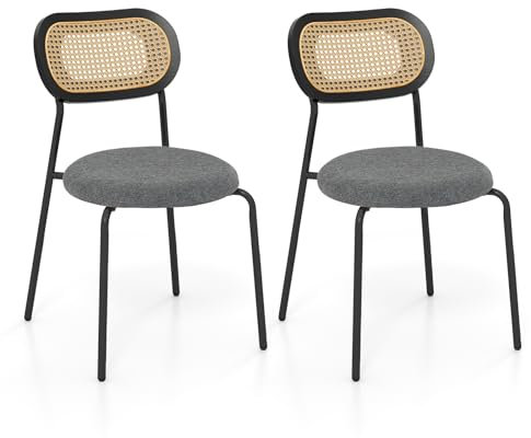 COSTWAY Lot de 2 Chaises de Salle à Manger en Rotin, Siège Ronde Rembourrée en Tissu de Lin, Design Cannage, Chaise Cuisine Hauteur d’Assise 46 cm, 4 Pieds en Métal, Style Bohême