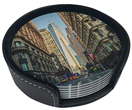 Lot de 6 sous-verres ronds élégants en cuir synthétique Motif rues de New York City