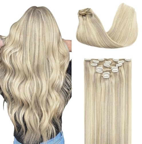 GOO GOO Clip in Human Hair Extensions, 14inch 120g 7pcs, Hair Extensions Clip in, 17A/60A Ash Blonde