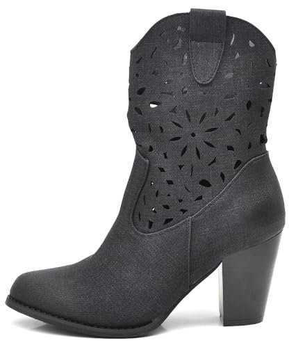 IF Fashion Stivali Stivaletti Tronchetti Camperos da Donna Traforato Con Tacco Pelle Sintetica Effetto Jeans GR-6653 nero N.39