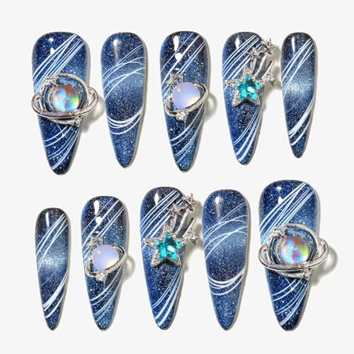 Sun&Beam Nails Handgefertigte Kunstnägel Lang Stiletto Mandel Nägel zum Aufkleben in Blau Stern Glänzend Verlauf Design mit Klebepads 10 Stück (#148 L)