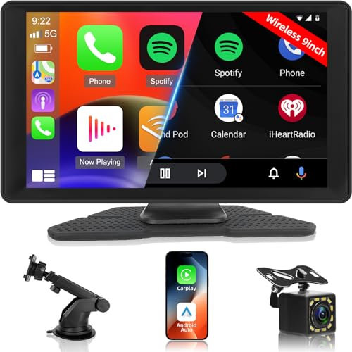 NHOPEEW Carplay Inalámbrico Portátil y Andriod Auto Pantalla para Coche - Pantalla Táctil HD de 9 Pulgadas Autoradio Bluetooth con Mirror Link EQ AUX FM Control por Voz + Cámara De Visión Trasera