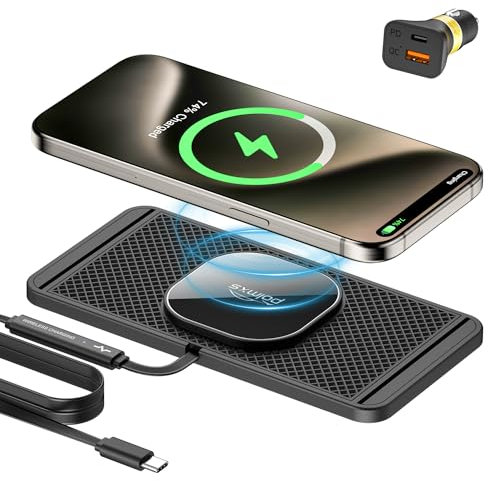 Polmxs Magnetic Wireless Car Charger, 15W Wireless Charging Pad for Magsafe Car Charger USB C Non Slip Car Phone Charging Mat for iPhone 16/15/14/13/12, Airpods (1 Meter Cable)