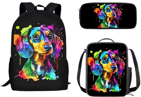 POLERO Basketball-Schultaschen-Set für Jungen, Mädchen, Kinder, lässige Büchertasche mit Federmäppchen und Lunchtasche, 3-teiliges Set, Dackel-Hunde-Malerei, Einheitsgröße, Schulranzen-Set