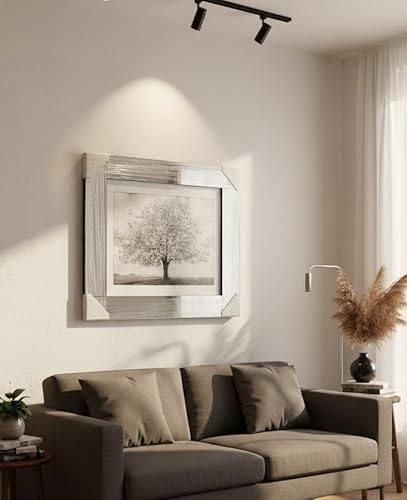 Biznest Blossom Tree Picture in Mirrored Frame Glitter 3D Wall Art Picture Glitter Liquid Art Home Decor 55x55Cm (Silver)