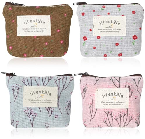 Molain Lot de 4 Mini Porte-Monnaie en Toile pour Enfants et Femmes - Petit Porte-Monnaie Portable avec Fermeture Éclair - Trousse de Maquillage pour Pièces