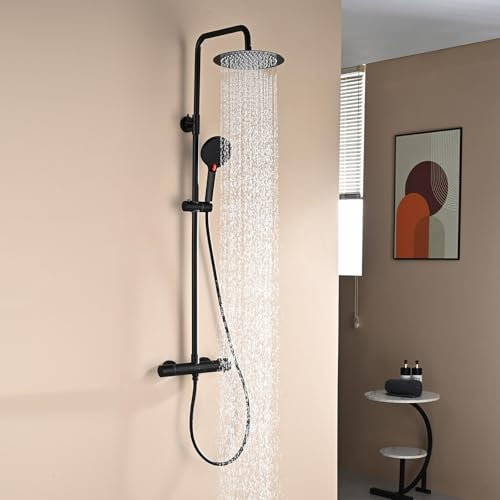 DETBOM Grifería Termostática Ducha - Set Ducha Acero Inoxidable Negro Mate | Cabezal Lluvia 25cm + Ducha Mano 3 Funciones | Barra Altura Ajustable | Anticalcáreo | Alta Presión | Fácil Instalación