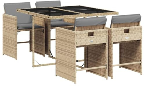 vidaXL Garten Essgruppe 5-TLG., Gartenmöbel Set Tisch 4 Stühle, Gartengarnitur mit Kissen, Sitzgruppe Terrasse, Beigemischung Poly Rattan