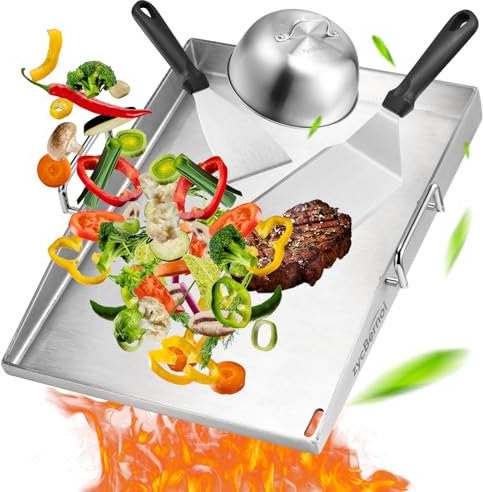 zycBernoi Premium Plancha Grillplatte Set - 40 x 30 cm - Grillplatte für BBQ Gasgrill & Kohlegrill - 4mm Dicke Plancha Gasgrill - Grillplatte Edelstahl mit Burgerglocke & Grillspachtel Set