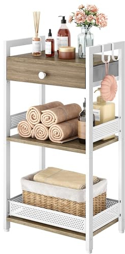 FAVOOSTY 3-Tier Bathroom Ladder Shelf Floor Storage Shelf with Drawer Freestanding Shelving Unit Bookcase End Table for Bathroom Living Room,Balcony-White