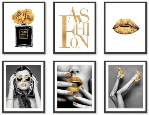 Glam Gold modische Wandkunstdrucke, schwarze und weiße Wanddekoration, Blumenparfüm, elegante Dame, goldene Lippen, Sonnenbrille, High Heels, Poster, Leinwanddrucke, Zimmer, Schlafzimmer, Badezimmer,