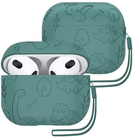 ECZOIL Schutzhülle mit Dinosaurier-Gravur, kompatibel mit AirPods der 3. Generation, weiche Silikon-Schutzhülle mit Silikon-Umhängeband für AirPods der 3. Generation, Dunkelgrün