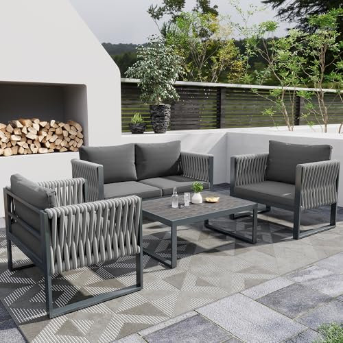 BTM 4 Seater Garden Furniture Set, Garden Sofa with Loveseat, 2 Chairs and Rope Woven Handrails, Outdoor Furniture Patio Conversation Set with Galvanized Iron Frame, Grey