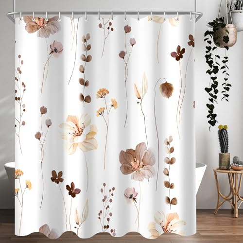 Lerores Duschvorhang 150x200 cm Braun Blume,Beschwerter Saum Antischimmel,Wasserabweisend, Waschbar Polyester Badevorhänge mit 8 Ösen und Duschvorhangringe für Badezimmer,Badewanne