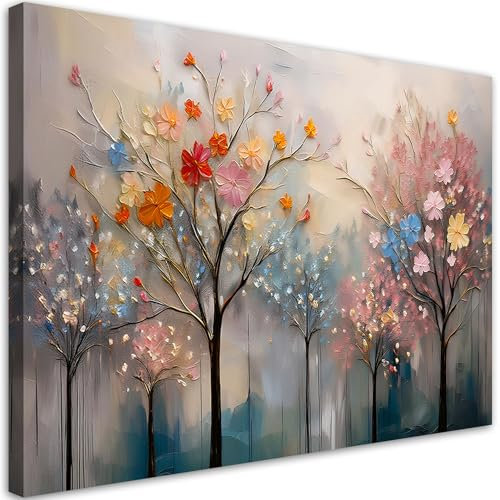 Feeby Leinwand Bilder - Bild Wohnzimmer - Blühende Bäume Gemalte Blumen - 120x80 1tlg - Deko Schlafzimmer Groß - Dekoration Canvas - Gemälde - Modern Wandbilder - Kunstdruck