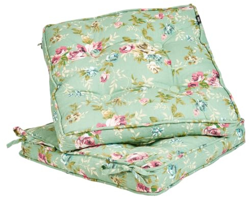 Dibor Tie On Garden Chair Cushions 100% Cotton Seat Pads Outdoor Alfresco Dining Chair Bistro Set Seat Cushions (Set of 4, Green Floral)
